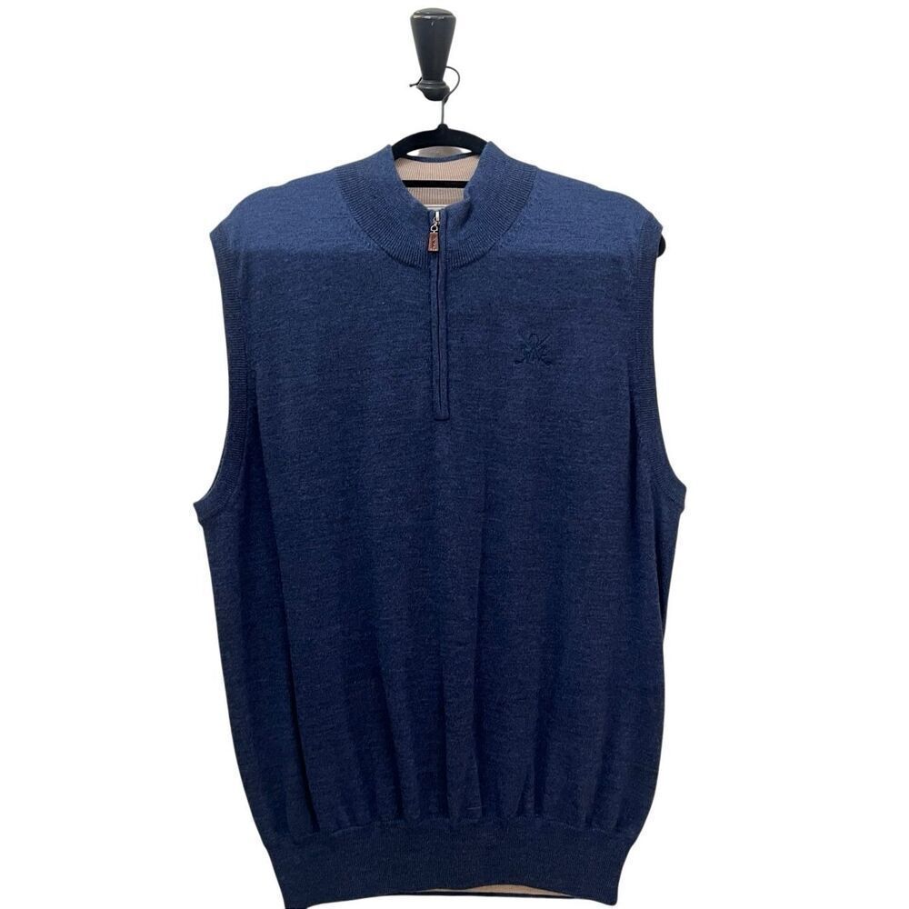 Peter Millar Men's Merino Wool Knit Sleeveless 1/4 Zip Sweater Vest Blue Large